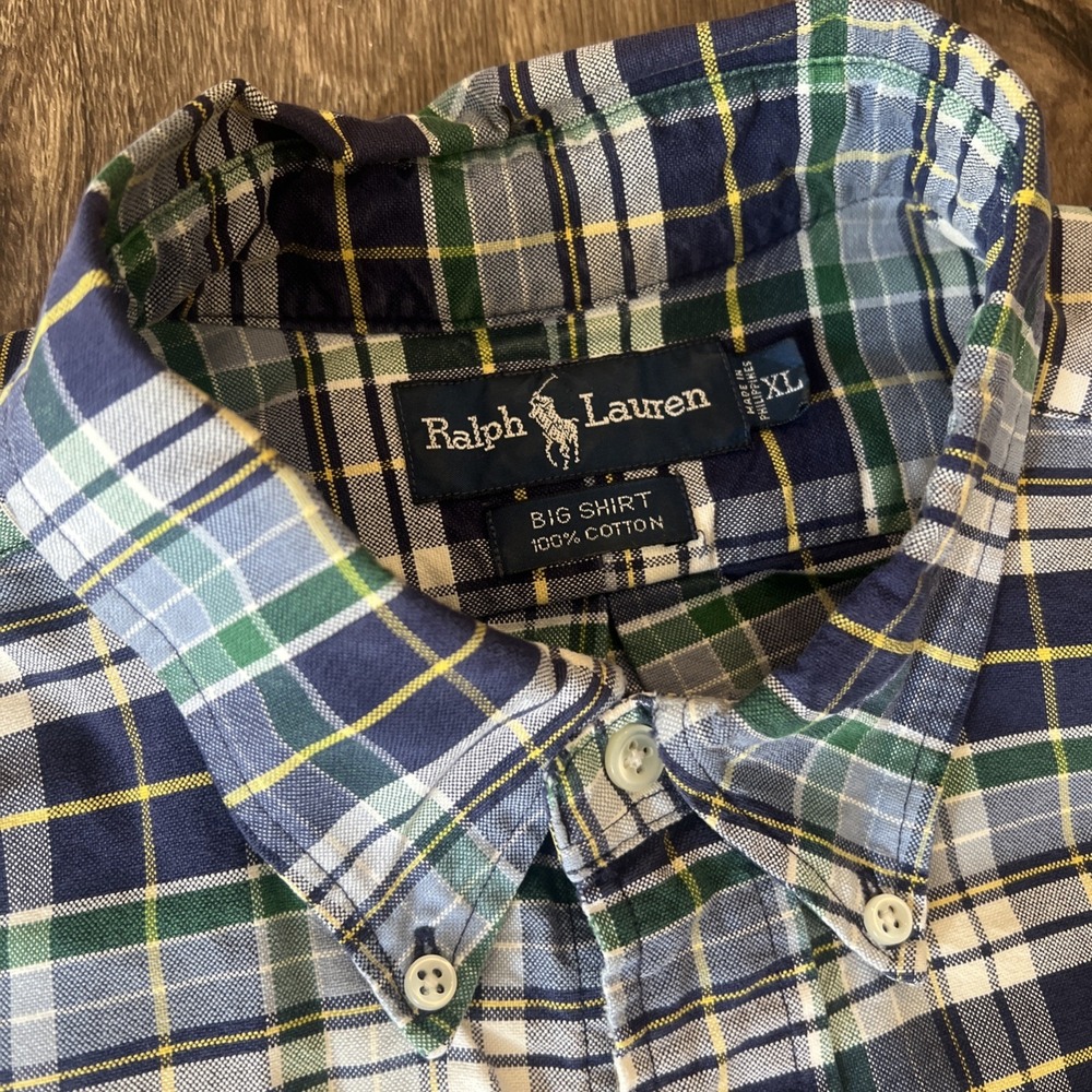 Polo Ralph Lauren Long Sleeve Button Down Shirt Mens Sz L Blue Green Plaid Pony
